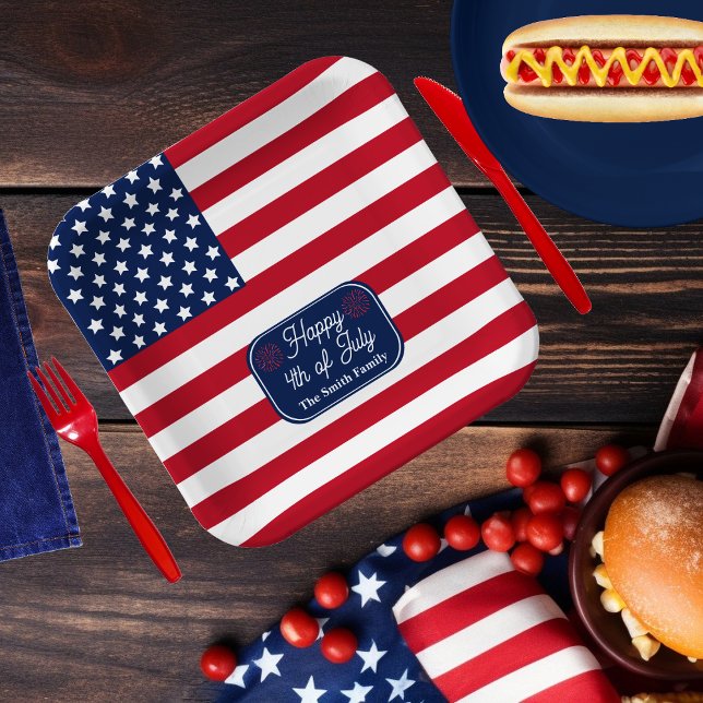 Patriotic U.S. Flag Happy 4th of July Family Name Paper Plates (Red, White and Blue Patriotic U.S. Flag "Happy 4th of July" Family Name Paper Plate)