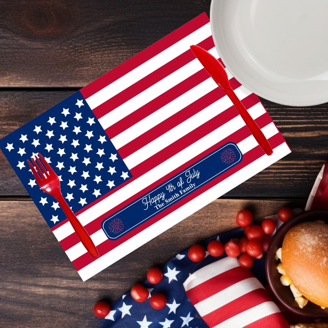 Patriotic U.S. Flag Happy 4th of July Family Name Placemat (Red, White and Blue Patriotic U.S. Flag "Happy 4th of July" Family Name Laminated Place Mat)