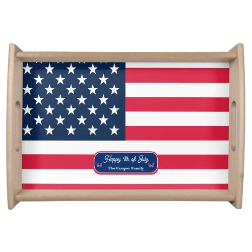 Patriotic US Flag Happy 4th of July Family Name Serving Tray