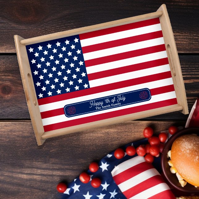 Patriotic U.S. Flag Happy 4th of July Family Name Serving Tray (Red, White and Blue Patriotic U.S. Flag "Happy 4th of July" Family Name Serving Tray)