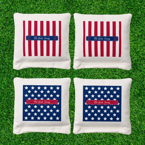 Patriotic US Flag Red White and Blue Family Name Cornhole Bags