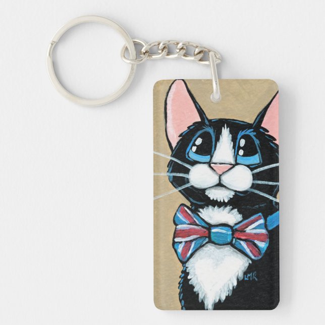 Patriotic UK Tuxedo Cat wearing Bow Tie Painting Keychain (Front)