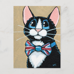Patriotic UK Tuxedo Cat wearing Bow Tie Painting Postcard
