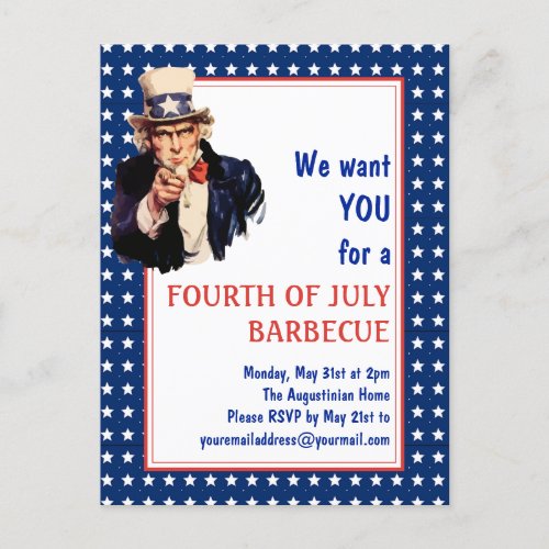 Patriotic Uncle Sam 4TH OF JULY BBQ BARBECUE Postcard
