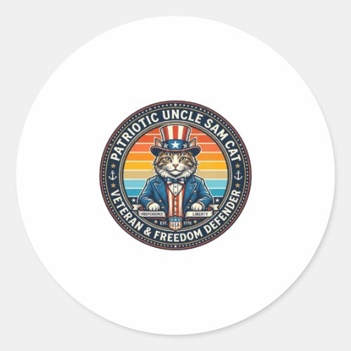 Patriotic Uncle Sam Cat Retro Sunset T-Shirt (2)_1 Classic Round Sticker