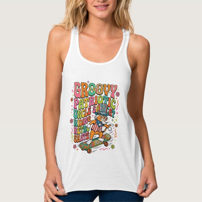 Patriotic Uncle Sam Cat Retro Typography T-Shirt ( Tank Top (Front)