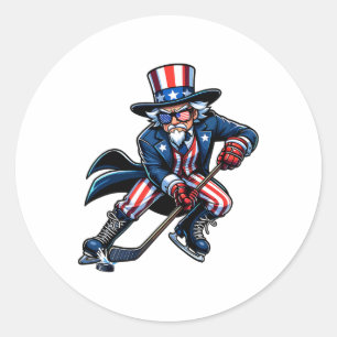 Patriotic Uncle Sam Hockey Player 4th Of July Men Classic Round Sticker