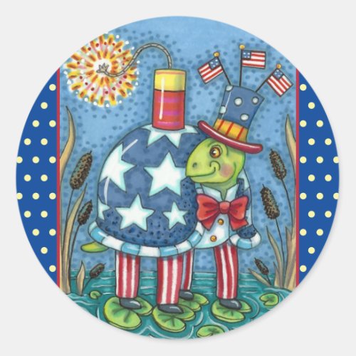 PATRIOTIC UNCLE SAM TURTLE FUNNY FIRECRACKER Cute Classic Round Sticker