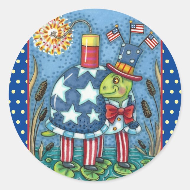 PATRIOTIC UNCLE SAM TURTLE, FUNNY FIRECRACKER Cute Classic Round Sticker (Front)