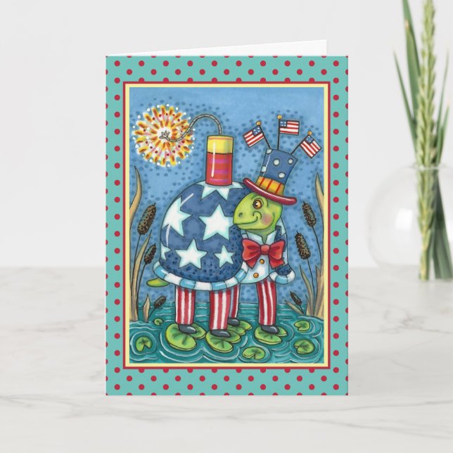 PATRIOTIC UNCLE SAM TURTLE, FUNNY FIRECRACKER Cute Holiday Card (Front)