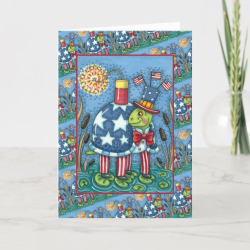 PATRIOTIC UNCLE SAM TURTLE FUNNY FIRECRACKER Cute Holiday Card