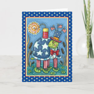 PATRIOTIC UNCLE SAM TURTLE, FUNNY FIRECRACKER Cute Holiday Card
