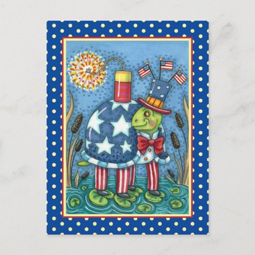 PATRIOTIC UNCLE SAM TURTLE FUNNY FIRECRACKER Cute Holiday Postcard