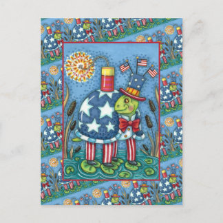 PATRIOTIC UNCLE SAM TURTLE, FUNNY FIRECRACKER Cute Holiday Postcard