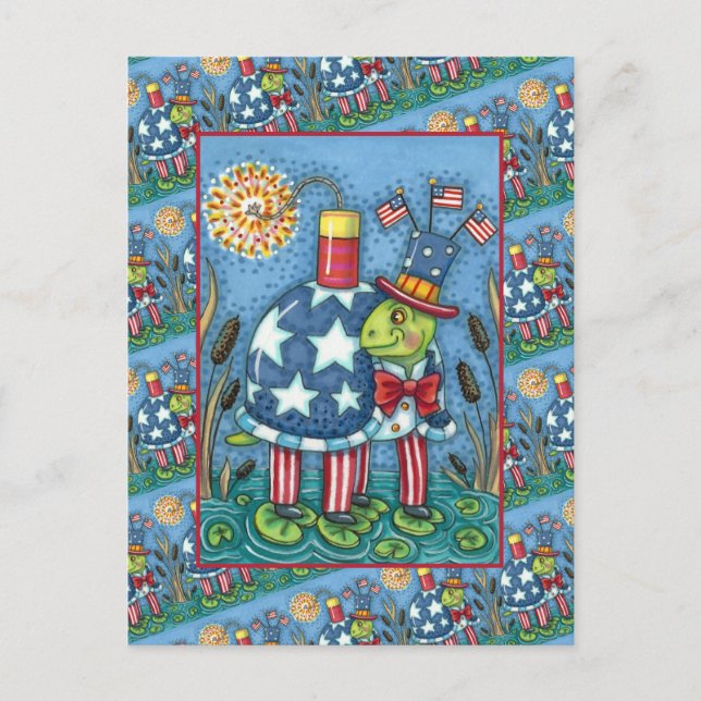 PATRIOTIC UNCLE SAM TURTLE, FUNNY FIRECRACKER Cute Holiday Postcard (Front)