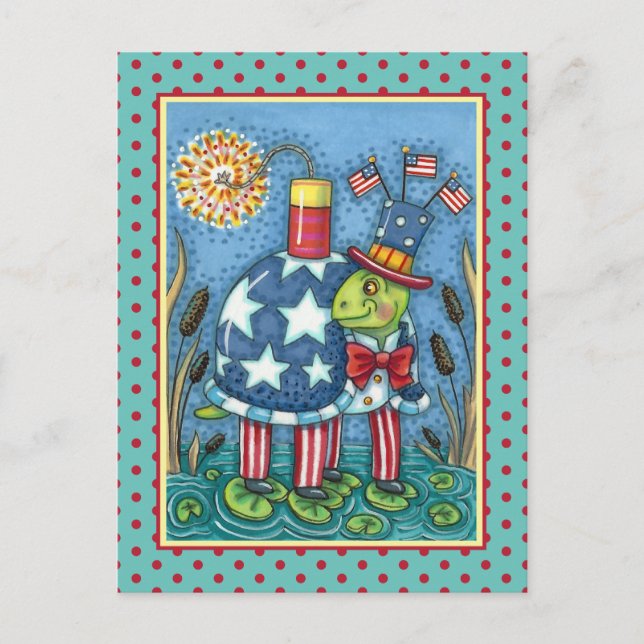 PATRIOTIC UNCLE SAM TURTLE, FUNNY FIRECRACKER Cute Holiday Postcard (Front)