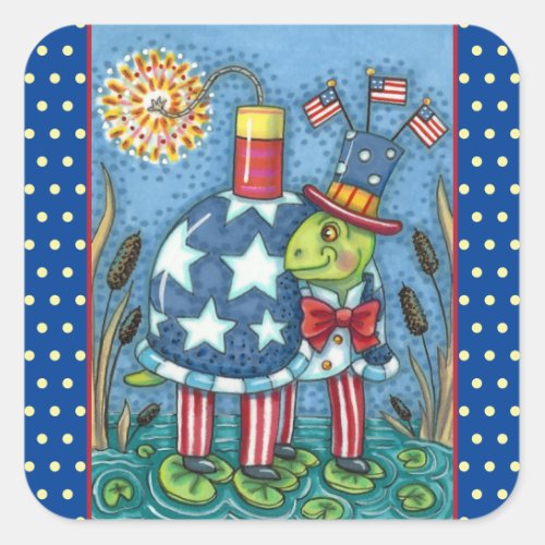 PATRIOTIC UNCLE SAM TURTLE FUNNY FIRECRACKER Cute Square Sticker