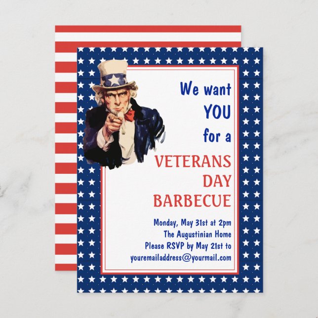 Patriotic Uncle Sam VETERANS BBQ BARBECUE Invite (Front/Back)