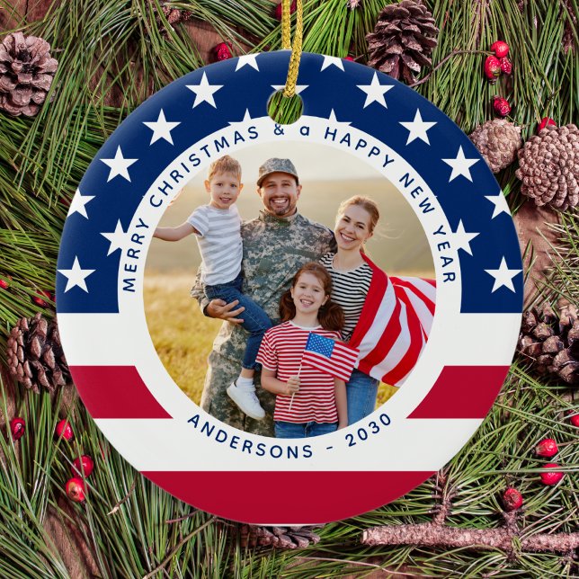 Patriotic US American Flag Personalized 2 Photo Ceramic Ornament (Creator Uploaded)