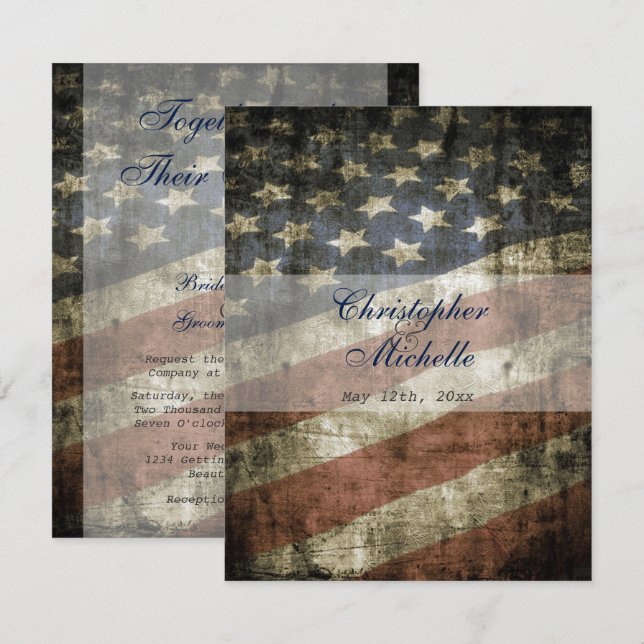 Patriotic US American Flag Vintage Wedding Invitation (Front/Back)