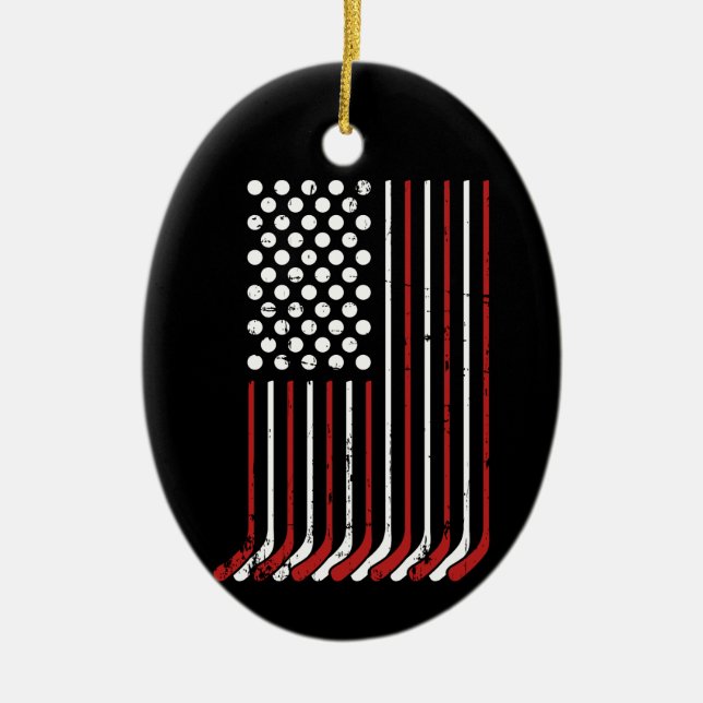 Patriotic US american hockey sticks stars stripes Ceramic Ornament (Front)