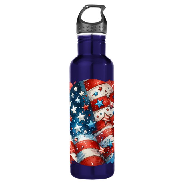 Patriotic US Flag Abstract Art Stainless Steel Water Bottle (Front)