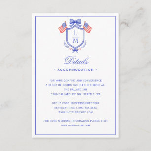 Patriotic US Flag Crest Monogram Wedding Details Enclosure Card