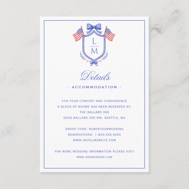 Patriotic US Flag Crest | Monogram Wedding Details Enclosure Card (Front)