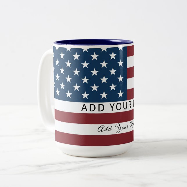 Patriotic US Flag Custom Text Name  Two-Tone Coffee Mug (Front Left)