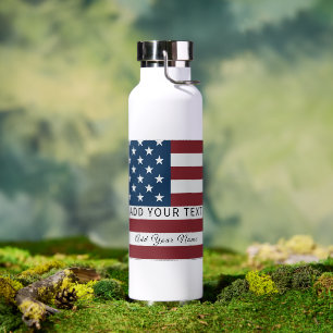 Patriotic US Flag Custom Text Name Water Bottle