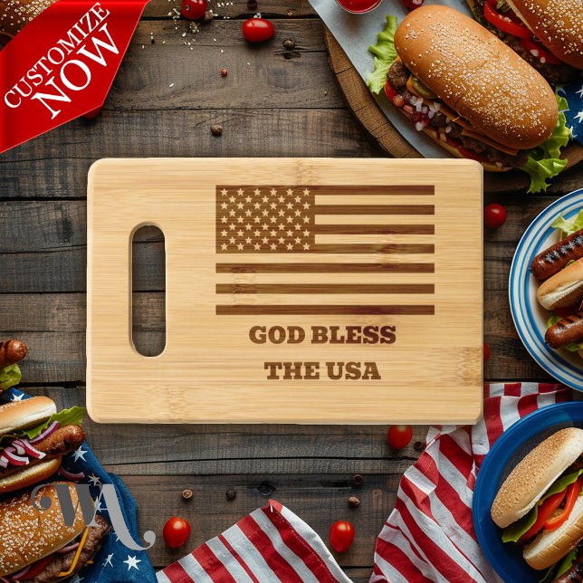 Patriotic US Flag - God Bless the USA  Engraved Cutting Board (Easy to customize)