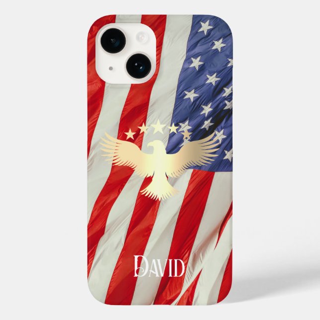 Patriotic US Flag Gold Eagle Custom Name Case-Mate iPhone Case (Back)