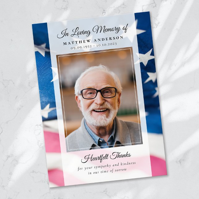 Patriotic US Flag Photo Keepsake Funeral Memorial Thank You Card (Creator Uploaded)