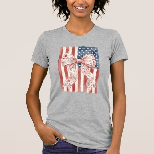 Patriotic US Flag Pink Bow Coquette 4th of July  T-Shirt