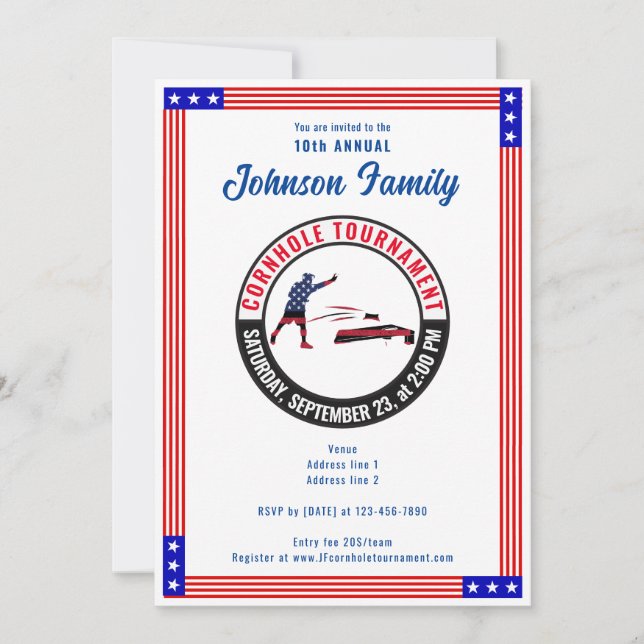 Patriotic US Flag Sack Toss Cornhole Tournament Invitation (Front)