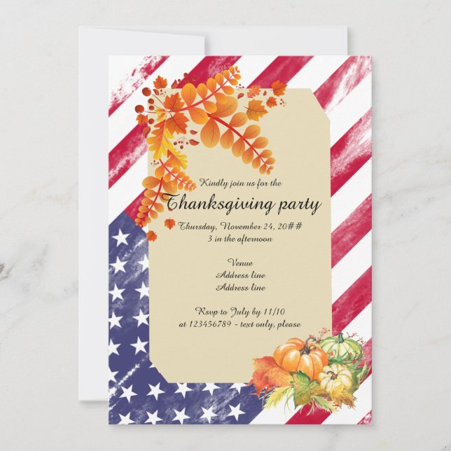 Patriotic US Flag Script Thanksgiving Dinner Party Invitation (Front)