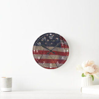 Patriotic US Flag Segment Over Rustic Cracked Wood Round Clock