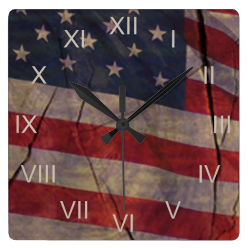 Patriotic US Flag Segment Over Rustic Cracked Wood Square Wall Clock