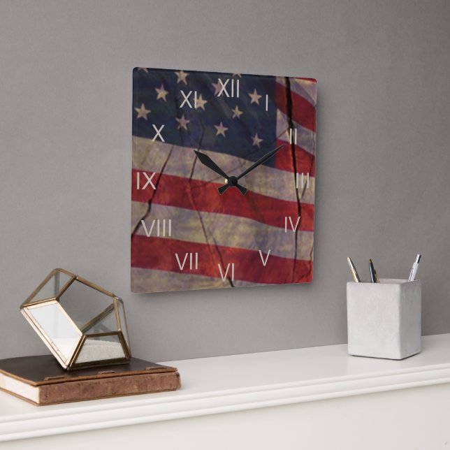 Patriotic US Flag Segment Over Rustic Cracked Wood Square Wall Clock (Office)