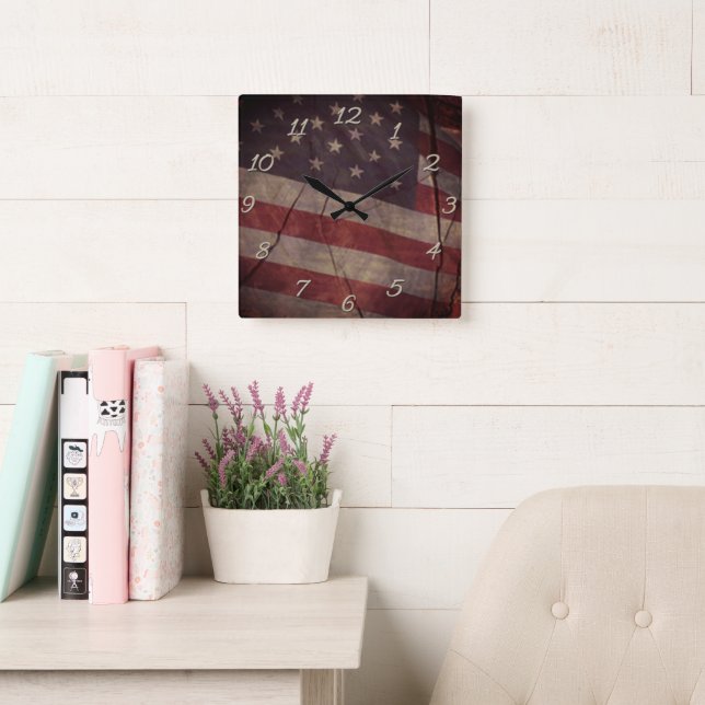 Patriotic US Flag Segment Over Rustic Cracked Wood Square Wall Clock (Reading Room)