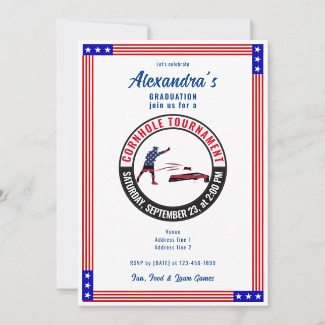 Patriotic US Sack Toss Cornhole Graduation Party Invitation (Front)