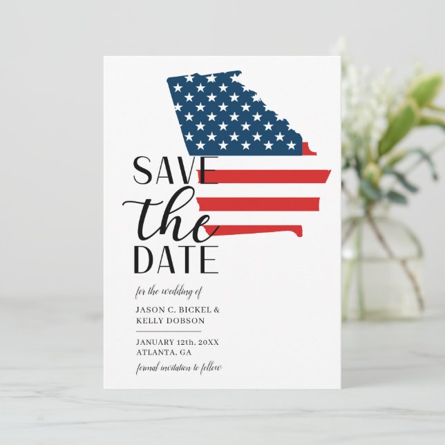 Patriotic US State Georgia Destination Wedding Save The Date (Standing Front)