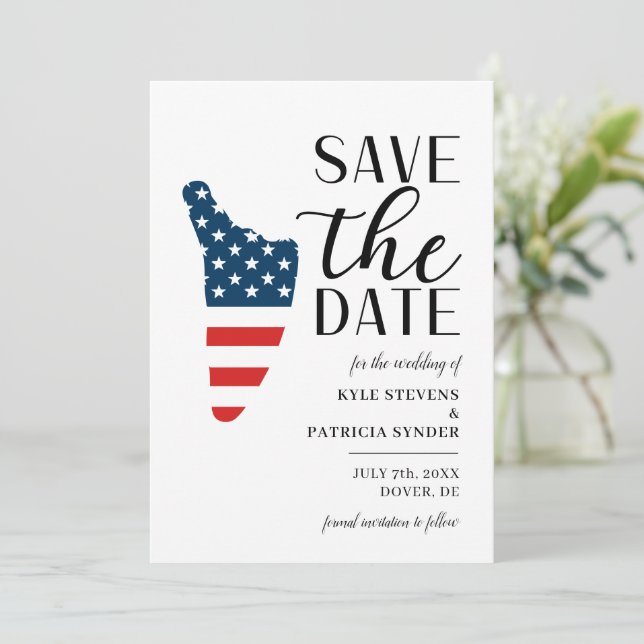 Patriotic US State of Delaware Destination Wedding Save The Date (Standing Front)