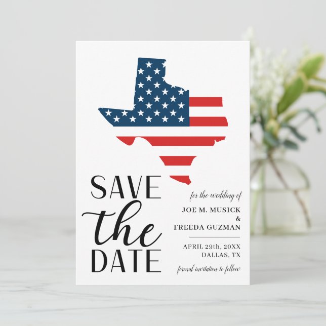 Patriotic US State of Texas Destination Wedding Save The Date (Standing Front)