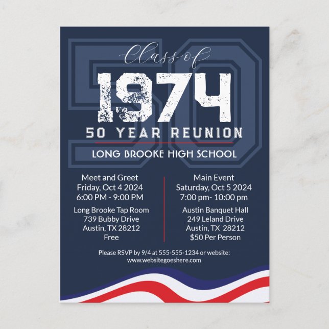 Patriotic USA 50 Year High School Class Reunion Postcard (Front)