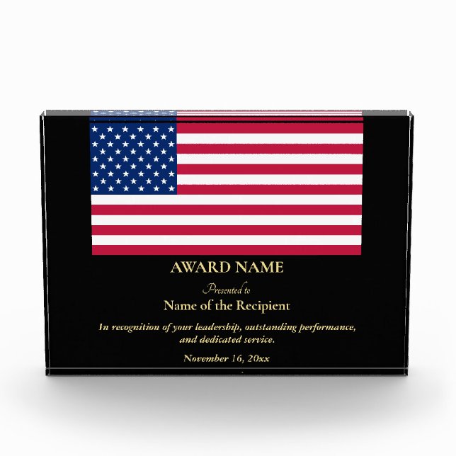 Patriotic USA America Flag Personalized Black Gold Acrylic Award (Front)