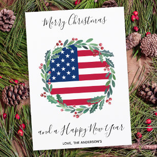 Patriotic USA American Flag Christmas Wreath Holiday Card
