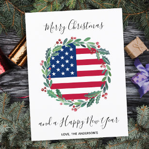 Patriotic USA American Flag Christmas Wreath Holiday Postcard
