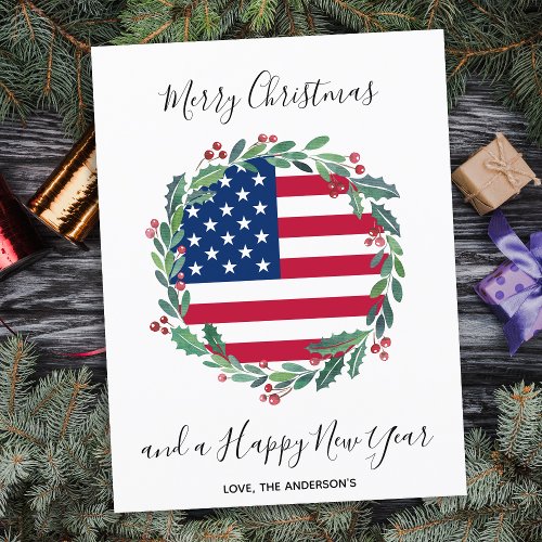 Patriotic USA American Flag Christmas Wreath Holiday Postcard
