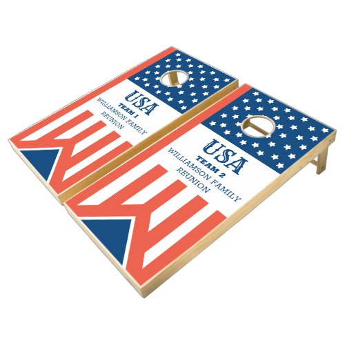 Patriotic USA American Flag Custom Family Name Cornhole Set